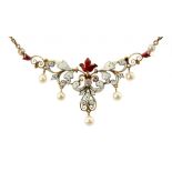 A DIAMOND, CULTURED PEARL AND GOLD AND WHITE AND CHERRY RED GUILLOCHE ENAMEL NECKLET, EARLY 20TH C