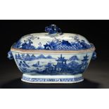 A CHINESE BLUE AND WHITE SOUP TUREEN AND COVER, C1770 with pomegranate knop and head handles, 30.5cm