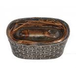 AN UNUSUAL VICTORIAN SILVER BASKET SHAPED TABLE VESTA BOX the lid inset with a reverse painted glass