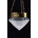 A BRASS AND CUT GLASS HANGING LIGHT, C1920 with conical shade and lacquered brass mounts,