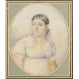 FOLLOWER OF FRANCOIS GERARD PORTRAIT OF A YOUNG WOMAN half length in a white dress, watercolour,