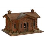 ROYAL. AN INDIAN WOOD MODEL OF A CROSS GABLED BUNGALOW, 1911 with fretworth barge boards,