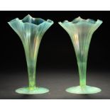 A PAIR OF ENGLISH SEMI IRIDESCENT AND OPALESCENT GLASS LILY FORM VASES, C1900 25cm h ++ Both in fine