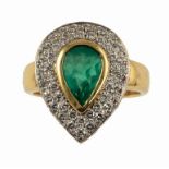 A PEAR SHAPED EMERALD AND DIAMOND CLUSTER RING pavé set in 18ct gold, 9.9g, size Q ++In good