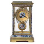 A FRENCH GILT BRASS AND CHAMPLÊVÉ ENAMEL 'FOUR GLASS' CLOCK, LATE 19TH C the dial inscribed for