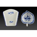 A DERBY BLUE AND WHITE BUTTER BOAT AND ASPARAGUS SERVER, C1785 the leaf shaped butter boat painted
