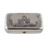 A RUSSIAN NIELLO SNUFF BOX the lid with a view of the Triumphal Arch, Moscow before rays, the base
