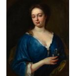 CIRCLE OF WILLIAM AIKMAN PORTRAIT OF A LADY bust length in a blue dress, holding a sprig of white