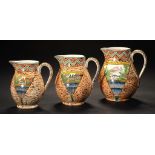 A GRADUATED SET OF THREE WEDGWOOD EARTHENWARE AESTHETIC JUGS, PROBABLY 1886 transfer printed in