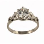 A DIAMOND SOLITAIRE RING in white gold, marked PLAT 18ct, 3g, size K ++In good second hand