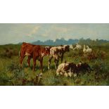 •†ARTHUR WARDLE, RI (1864-1949) CALVES AND GEESE IN A MEADOW signed, oil on canvas, 31.5 x 54.