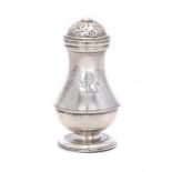 A GEORGE II SILVER BALUSTER PEPPER CASTER crested, 9cm h, by Benjamin Cartwright, London 1737,