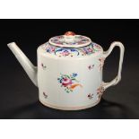 A CHINESE EXPORT PORCELAIN FAMILLE ROSE TEAPOT AND COVER, C1790 with entwined handle and peach knop,