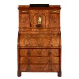 A GERMAN MAHOGANY BUREAU CABINET, C1820 with brass inlaid ebony tablet-centred pediment, the central