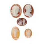 FIVE SHELL CAMEOS OF ZEUS, MERCURY, DANTE AND TWO OTHER SUBJECTS, ALL 19TH C the largest 4cm h,