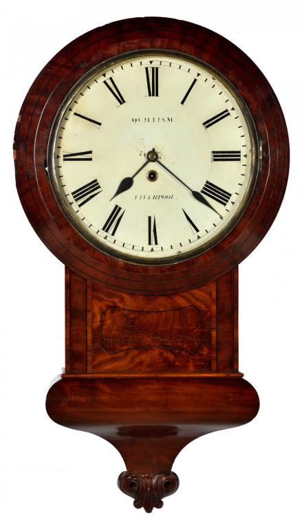 A VICTORIAN MAHOGANY AND EBONY LINE INLAID DROP CASED WALL TIMEPIECE QUILLIAM, LIVERPOOL, MID 19TH C