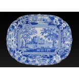 A RIDGWAY BLUE PRINTED EARTHENWARE RABY CASTLE DURHAM PATTERN MEAT DISH FROM THE ANGUS SEATS SERIES,