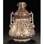 A CROWN DERBY GILT AND PLATINUM DECORATED DOUBLE GOURD SHAPED VASE, C1880 with fret handles and