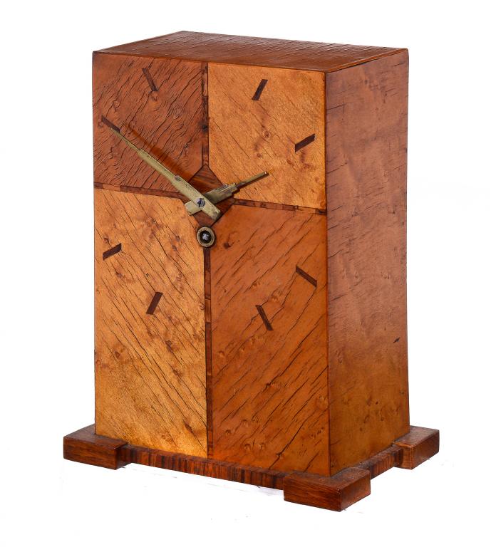 AN ART DECO INLAID MAPLE MANTEL CLOCK, C1940 of pillar shape with brass hands, French timepiece,