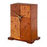 AN ART DECO INLAID MAPLE MANTEL CLOCK, C1940 of pillar shape with brass hands, French timepiece,