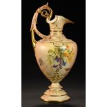 A ROYAL WORCESTER EWER, 1896 printed and painted with wild flowers and insects, 26cm h, printed mark
