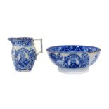 A SWANSEA NELSON COMMEMORATIVE BLUE PRINTED PEARLWARE BOWL AND A PINEAPPLE MOULDED JUG, C1806-10