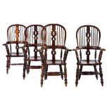 A VICTORIAN YEW WOOD WINDSOR CHAIR AND THREE SIMILAR VICTORIAN ASH WINDSOR CHAIRS, EAST MIDLANDS