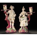 A PAIR OF DERBY SHEPHERD AND SHEPHERDESS CANDLESTICK FIGURES, C1775 decorated predominately in