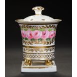 AN ENGLISH PORCELAIN POT POURRI VASE AND COVER, C1820 of flared cylindrical form, painted with a