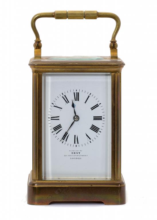 A FRENCH BRASS CARRIAGE CLOCK, C1900 the enamel dial inscribed EXAMINED BY DENT 33 COCKSPUR STREET