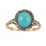 A TURQUOISE AND DIAMOND CLUSTER RING, 19TH C in gold, 2.6g, size L ++Wear to hoop consistent with