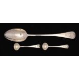 A SILVER BASTING SPOON AND A PAIR OF SALT SPOONS EN SUITE, PROBABLY SCOTTISH PROVINCIAL, EARLY