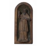 A CARVED AND PAINTED WOOD FIGURE OF A MALE SAINT, 18TH C 29cm h, mounted in a painted wood niche ++