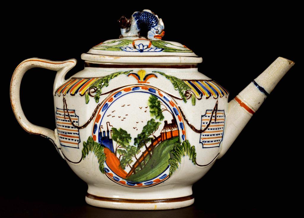 A PEARLWARE MOULDED TEAPOT AND COVER, C1805 one side inscribed in an oval frame May the Honest heart - Image 2 of 2