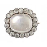 A VICTORIAN DIAMOND AND MOONSTONE BROOCH, C1900 the cushion shaped moonstone 1 x 1.3cm approx, in