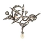 A DIAMOND SPRAY BROOCH, C1900 with baroque pearl en tremblant, c 3.7 x 4mm, 7.2g ++Complete and in