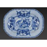 A WILLIAM ADAMS BLUE PRINTED EARTHENWARE CHINOISERIE DISH, C1820 47cm w, impressed mark ++Chip on