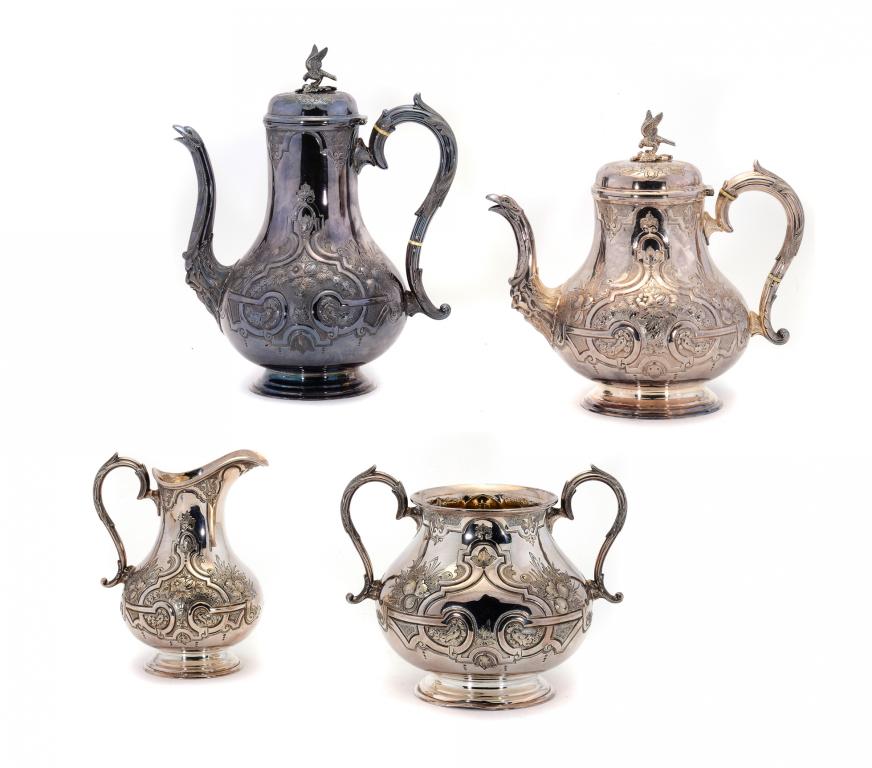 A VICTORIAN EPNS BALUSTER TEA AND COFFEE SERVICE, C1880 coffee pot 29cm h, by Fenton Bros (4) ++In