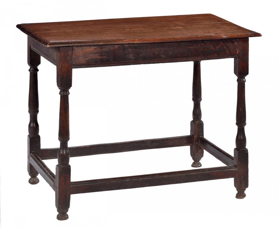 A WILLIAM III OAK SIDE TABLE, C1700 on turned legs united by moulded stretchers, 68cm h; 53 x