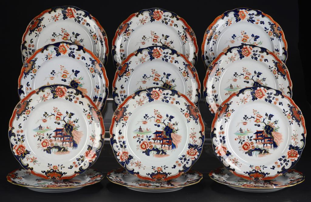 A SET OF TWELVE STAFFORDSHIRE IRONSTONE JAPAN PATTERN PLATES, C1850 26cm diam, sepia printed arms