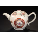 A CHINESE EXPORT PORCELAIN REEDED GLOBULAR FAMILLE ROSE TEAPOT AND COVER, C1780 with rouge de fer