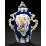 A BOW BLUE GROUND VASE AND A COVER, C1770 the vase enamelled to either side with fancy birds between