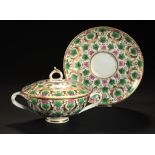 A DERBY ECUELLE, COVER AND STAND, C1825 with entwined handles, painted in green and puce enamel with