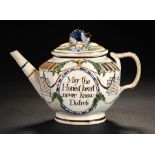A PEARLWARE MOULDED TEAPOT AND COVER, C1805 one side inscribed in an oval frame May the Honest heart