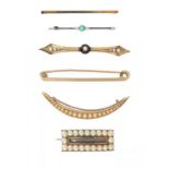 A VICTORIAN GOLD AND SPLIT PEARL MOURNING BROOCH, A GOLD AND SPLIT PEARL CRESCENT BROOCH AND FOUR