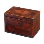 A GEORGE III YEW WOOD AND INLAID TEA CADDY, C1800 with barber pole stringing, oak interior with