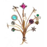 AN UNUSUAL MULTI GEM BROOCH, MID 20TH C MADE FROM EARLIER STICK PINS the terminals including