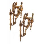 A PAIR OF VICTORIAN GILT BRASS ANGEL DEMI FIGURAL GAS WALL LIGHTS, C1880 50cm h ++Drilled when