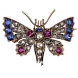 A DIAMOND, RUBY, SAPPHIRE AND SPLIT PEARL BUTTERFLY BROOCH, EARLY 20TH C in gold, demountable, c2.