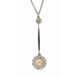 A PEARL AND DIAMOND PENDANT in white gold with white gold necklet, marked on clasp 750, pendant 4cm,